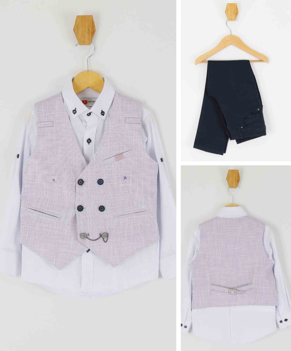Jungen Selbstgemustertes Doppelreihiges Leinen-Waistcoat Anzug-Set - Lila