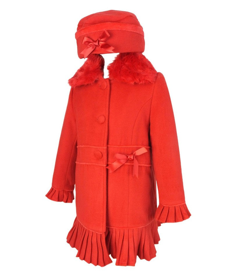 Ensemble Manteau avec Col en Fourrure Amovible et Chapeau pour Filles - Rouge