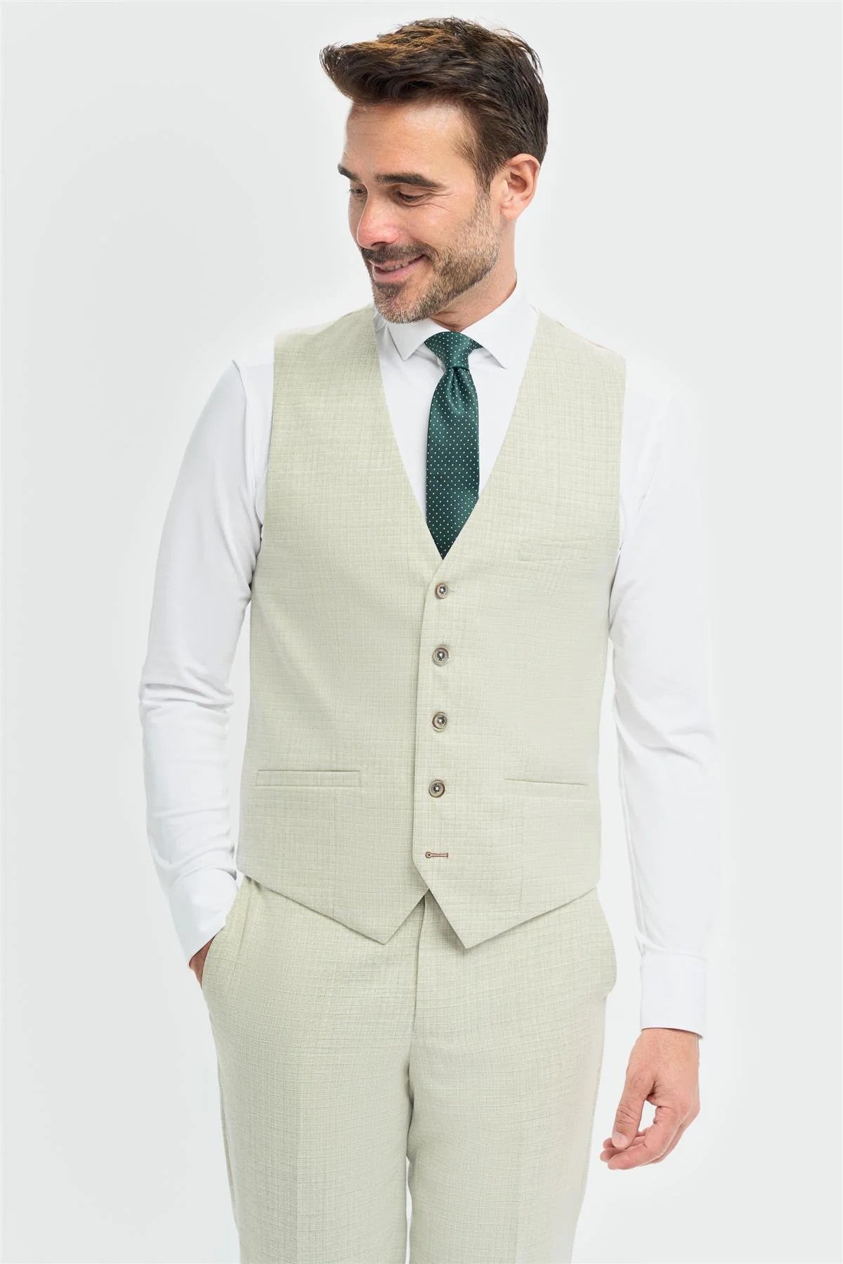 Herren 3-teiliger Slim Fit Texturierter formeller Anzug - Tropez Salbeigrün - Salbeigrün