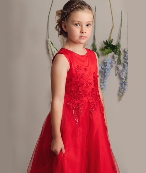 Florale Stickerei Blumenmädchen Kleid mit Schleife - LUCKY - Rot