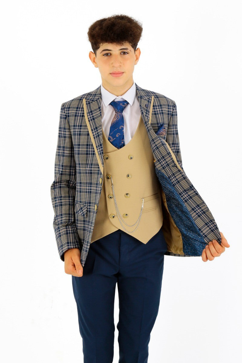 Jungen Karo Schlank geschnittener Anzug - Navyblau - Beige