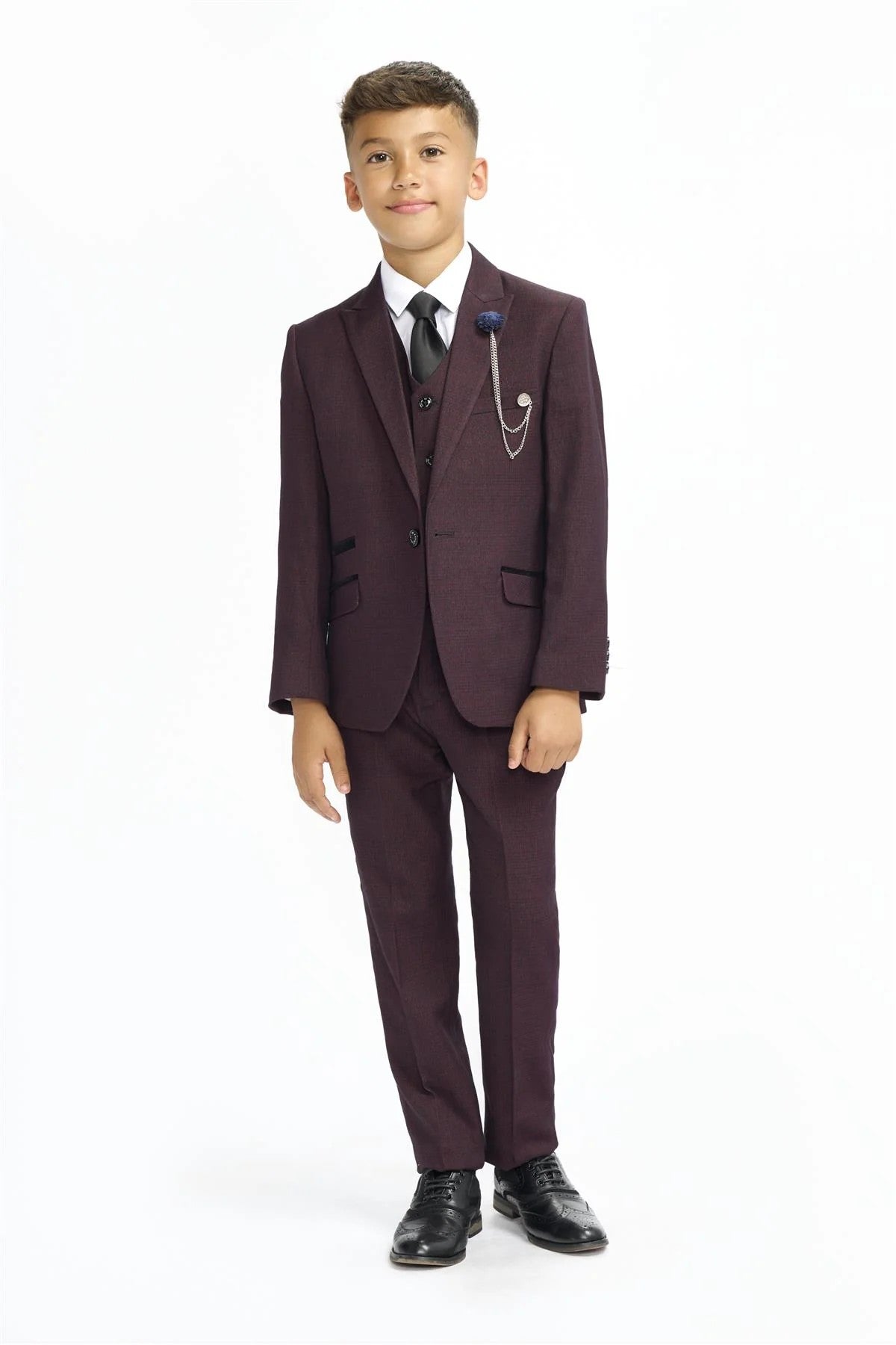 Boys 3-Piece Tweed Glen Check Slim Fit Suit - CARIDI - Wine