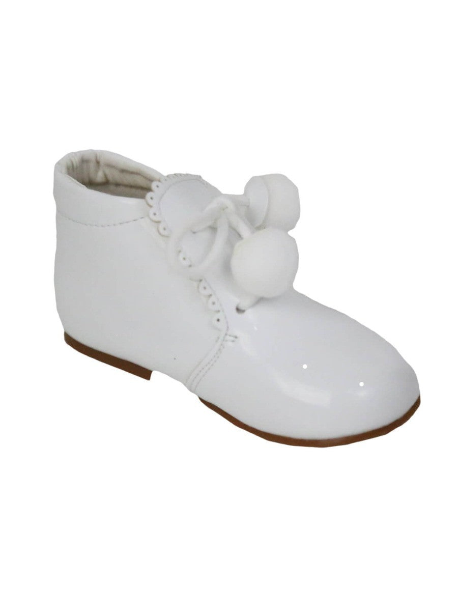Baby Girls Pom Pom Patent Booties - White