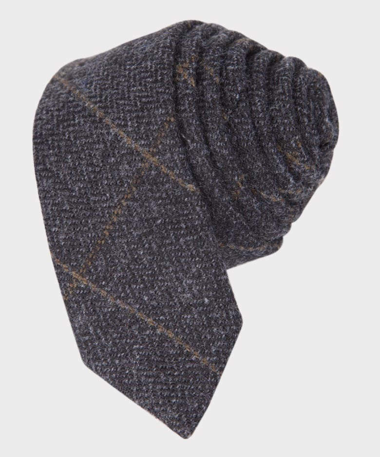 Ensemble Cravate Fine et Mouchoir en Tweed à Chevrons Windowpane pour Garçons - Gris Charbon