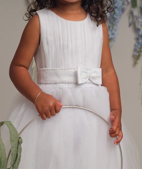 Girls Pleated Bodice Communion Dress with Bow - CINDY - White