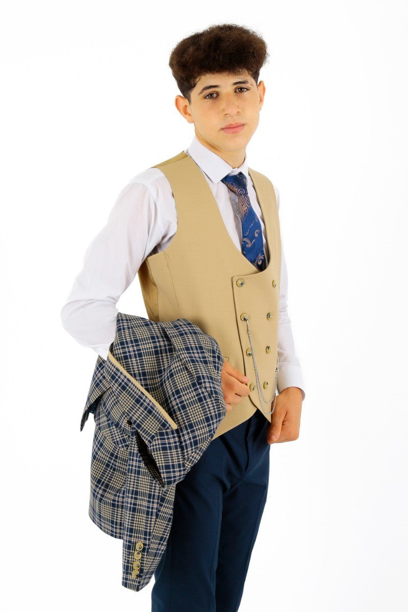 Jungen Karo Schlank geschnittener Anzug - Navyblau - Beige