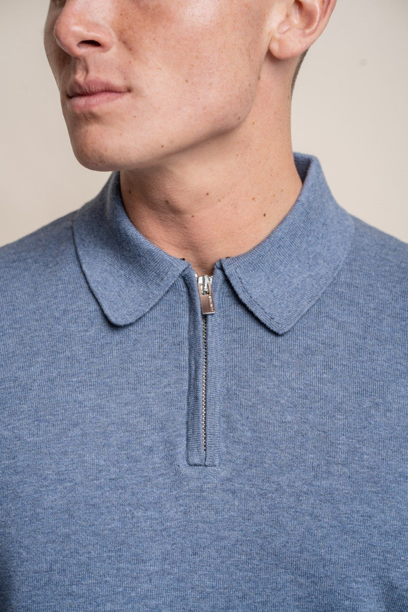 Pull en coton à col montant et zip quart pour hommes - Falcao - Bleu-Denim Moyen