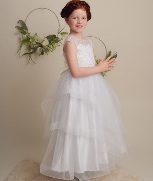 Robe en tulle superposée blanche avec dos corseté pour filles - TERRESA - Blanc