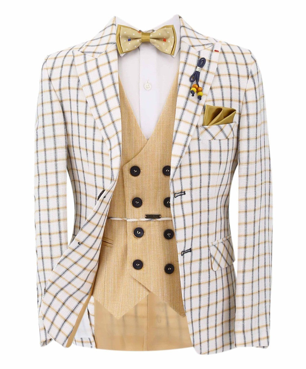 Jungen Karo Blazer und Doppelreihiges Westenanzug-Set - Senf