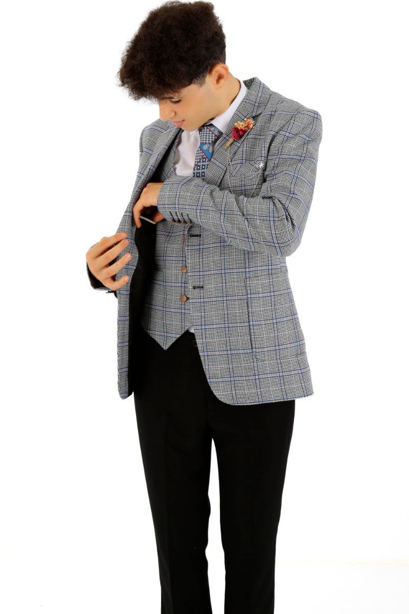 Costume à Carreaux Windowpane Slim Fit pour Garçons - Bleu - Noir