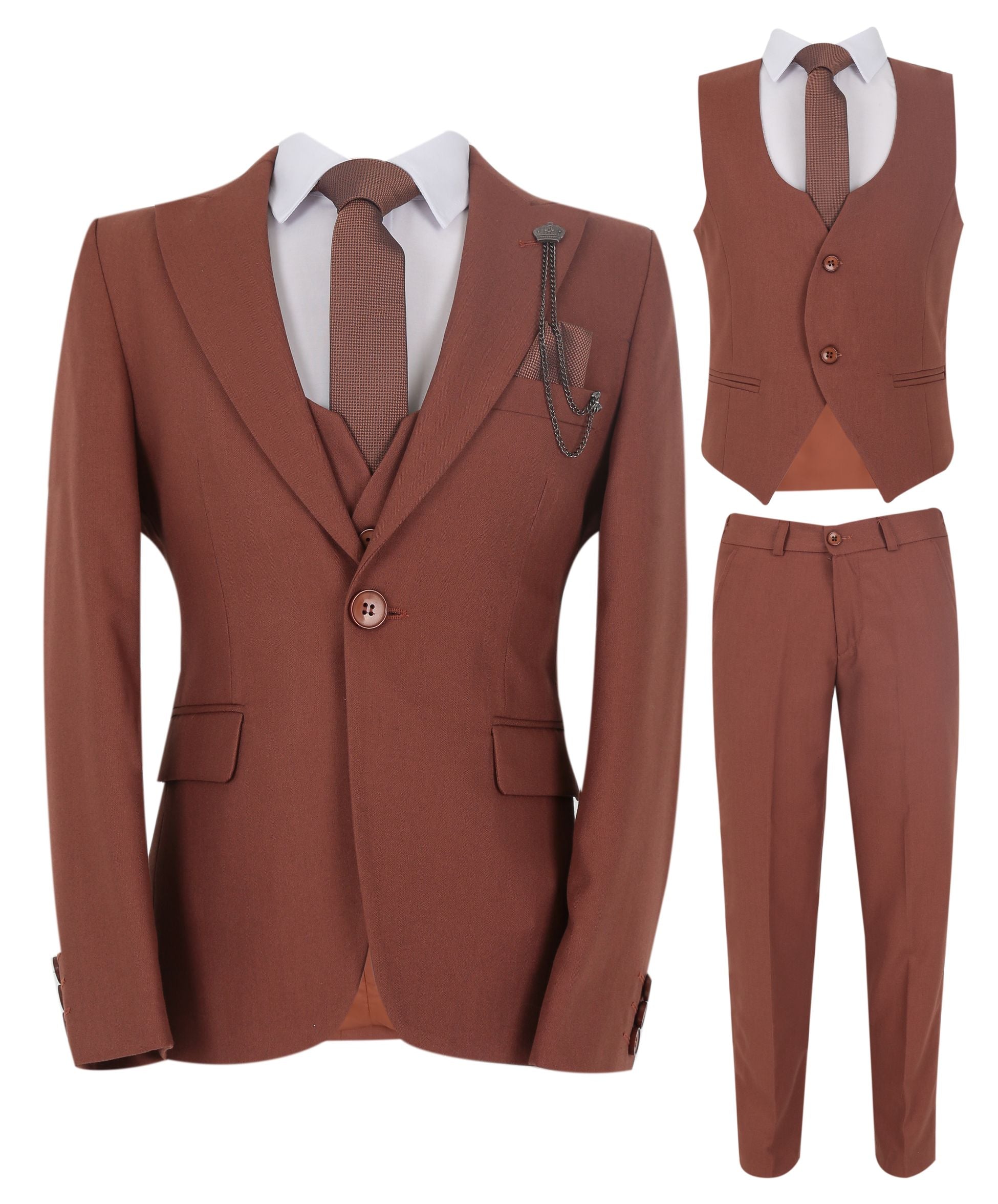 Boys Slim Fit Herringbone 8 Piece Suit Set - KING - Cinnamon Brown