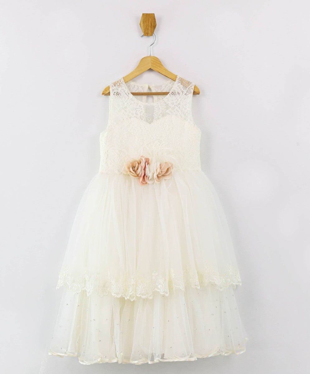 Mädchen Ärmelloses Spitzenkleid-Set - Ecru