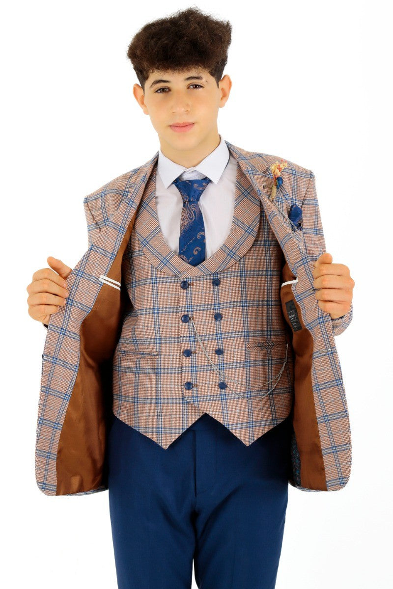 Boys Windowpane Check Slim Fit Suit - Peach - Navy Blue