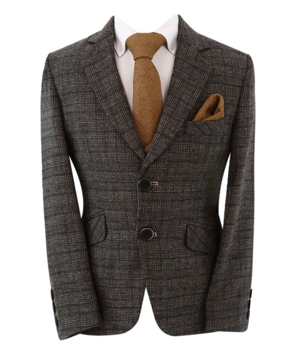 Jungen Tweed Fischgrät Blazer und Westenanzug-Set - Dunkelbraun