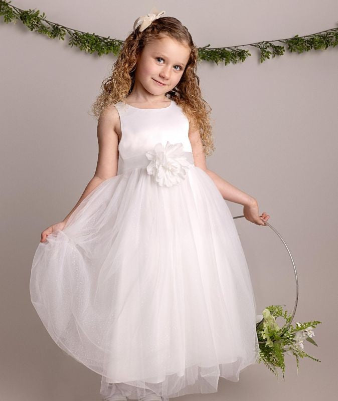 Flower Appliqué Dress for Babies and Girls - YOLANDA - Ivory