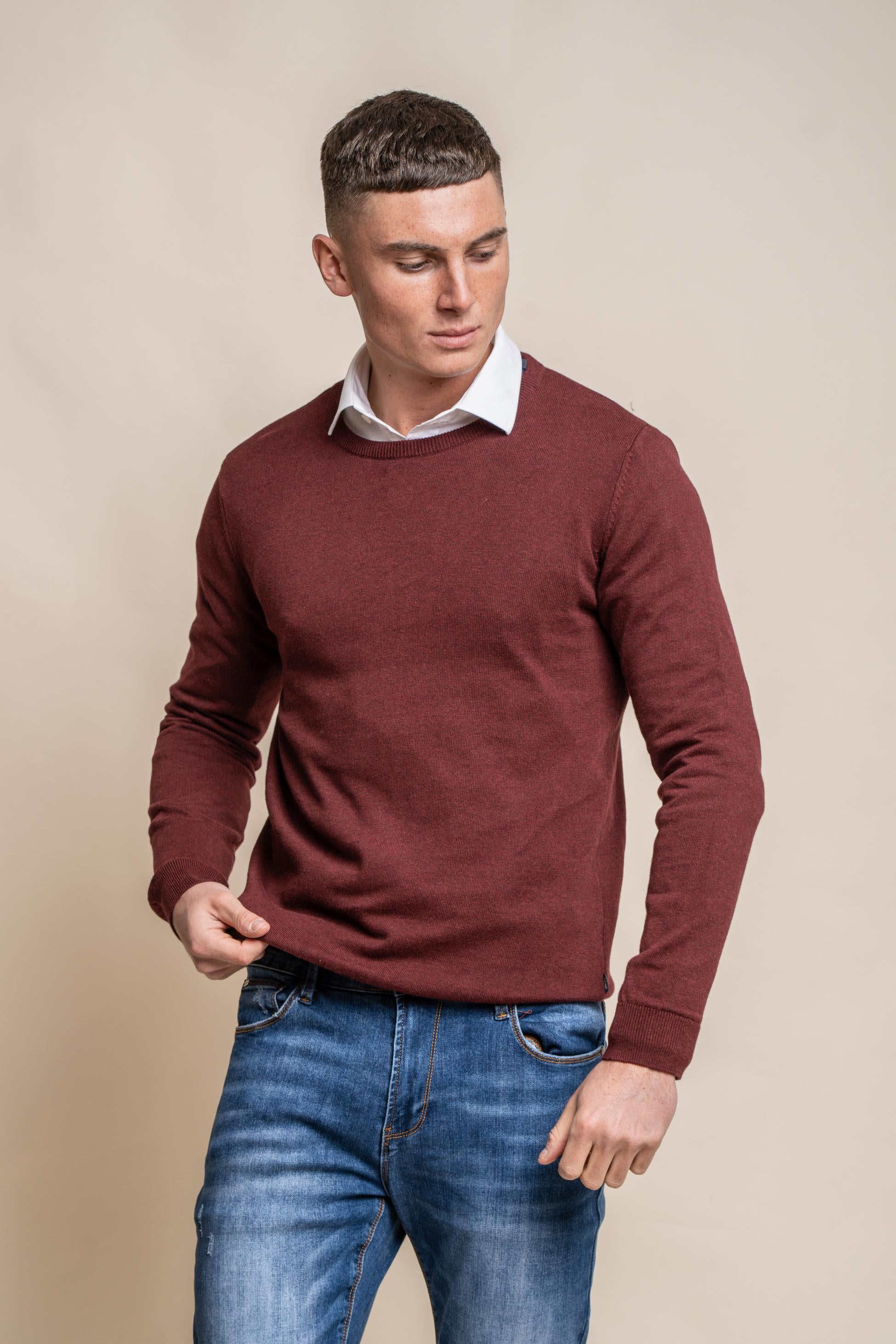 Herren Baumwoll Slim Fit Crewneck Pullover - Weinrot