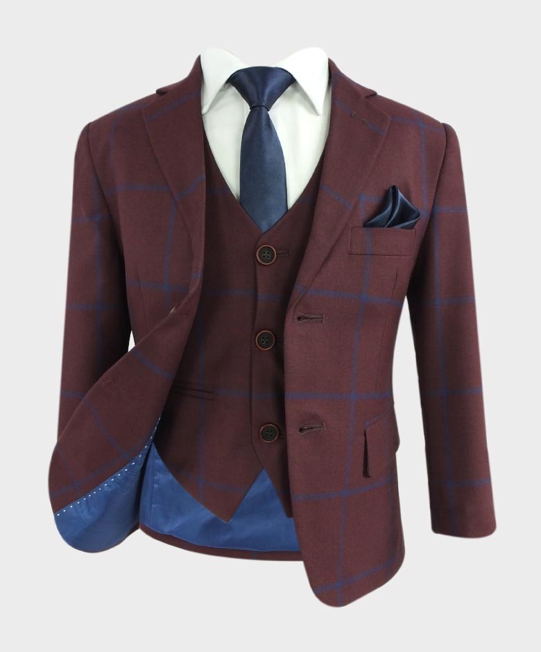 Costume à Carreaux Windowpane Tailored Fit pour Garçons - Bordeaux
