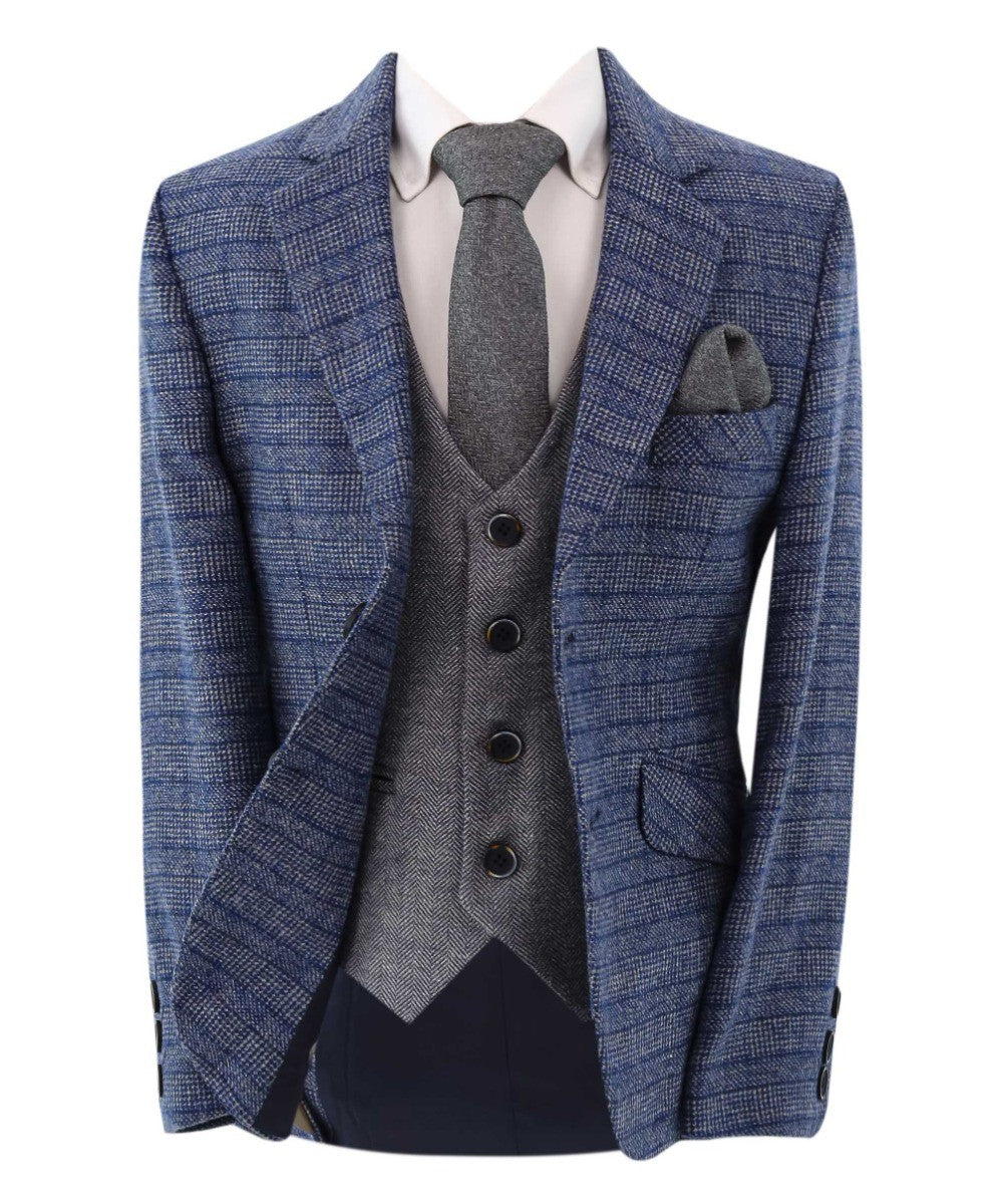 Jungen Tweed Fischgrät Blazer und Westenanzug-Set - Blau