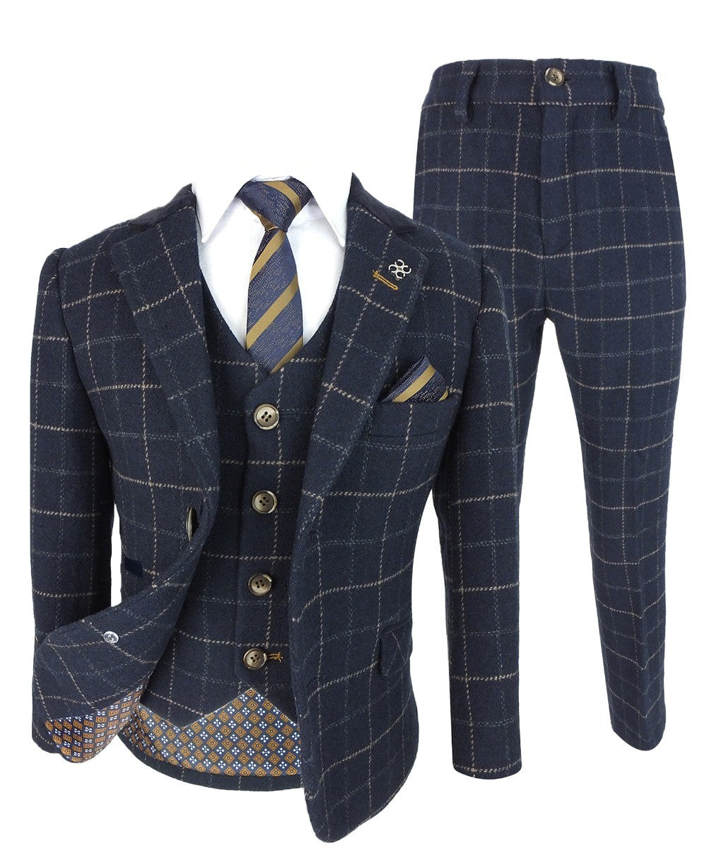 Jungen Tweed Windowpane Karo Slim Fit Anzug - SHELBY - Marineblau
