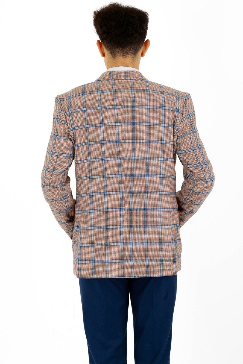 Boys Windowpane Check Slim Fit Suit - Peach - Navy Blue
