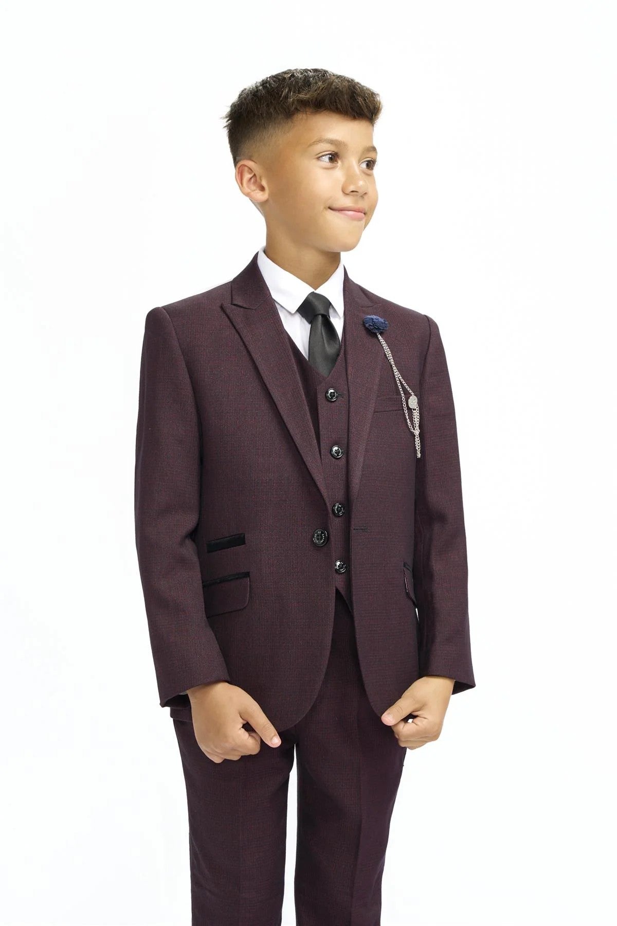 Boys 3-Piece Tweed Glen Check Slim Fit Suit - CARIDI - Wine