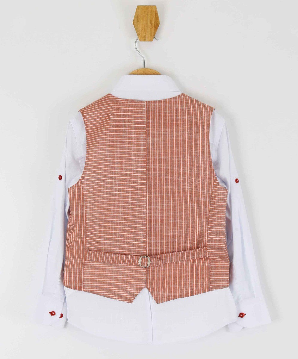 Boys Cotton Linen Pinstrip Waistcoat Suit Set - Red