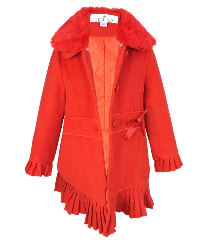 Ensemble Manteau avec Col en Fourrure Amovible et Chapeau pour Filles - Rouge