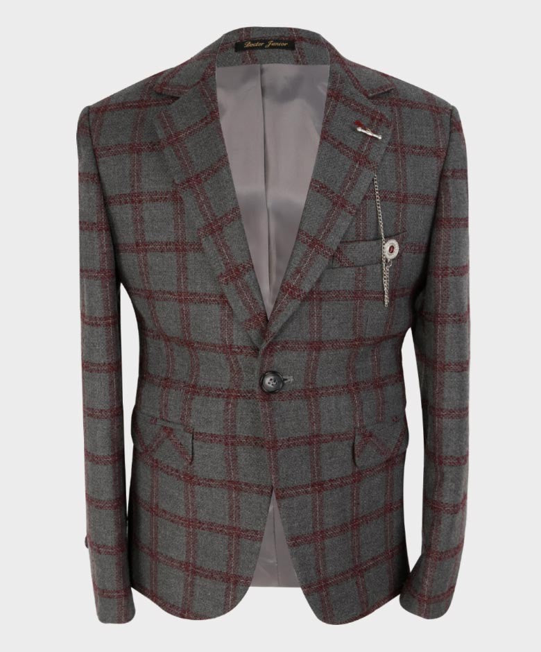 Costume à Carreaux Windowpane Rétro Tailored Fit pour Garçons - Gris - Bordeaux