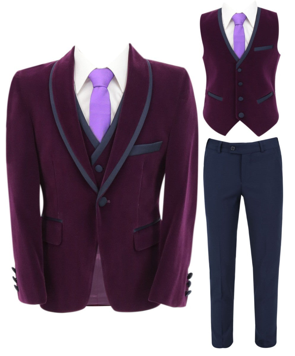 Costume de Smoking en Velours à Passepoil Slim Fit pour Garçons - LONDON - Violet