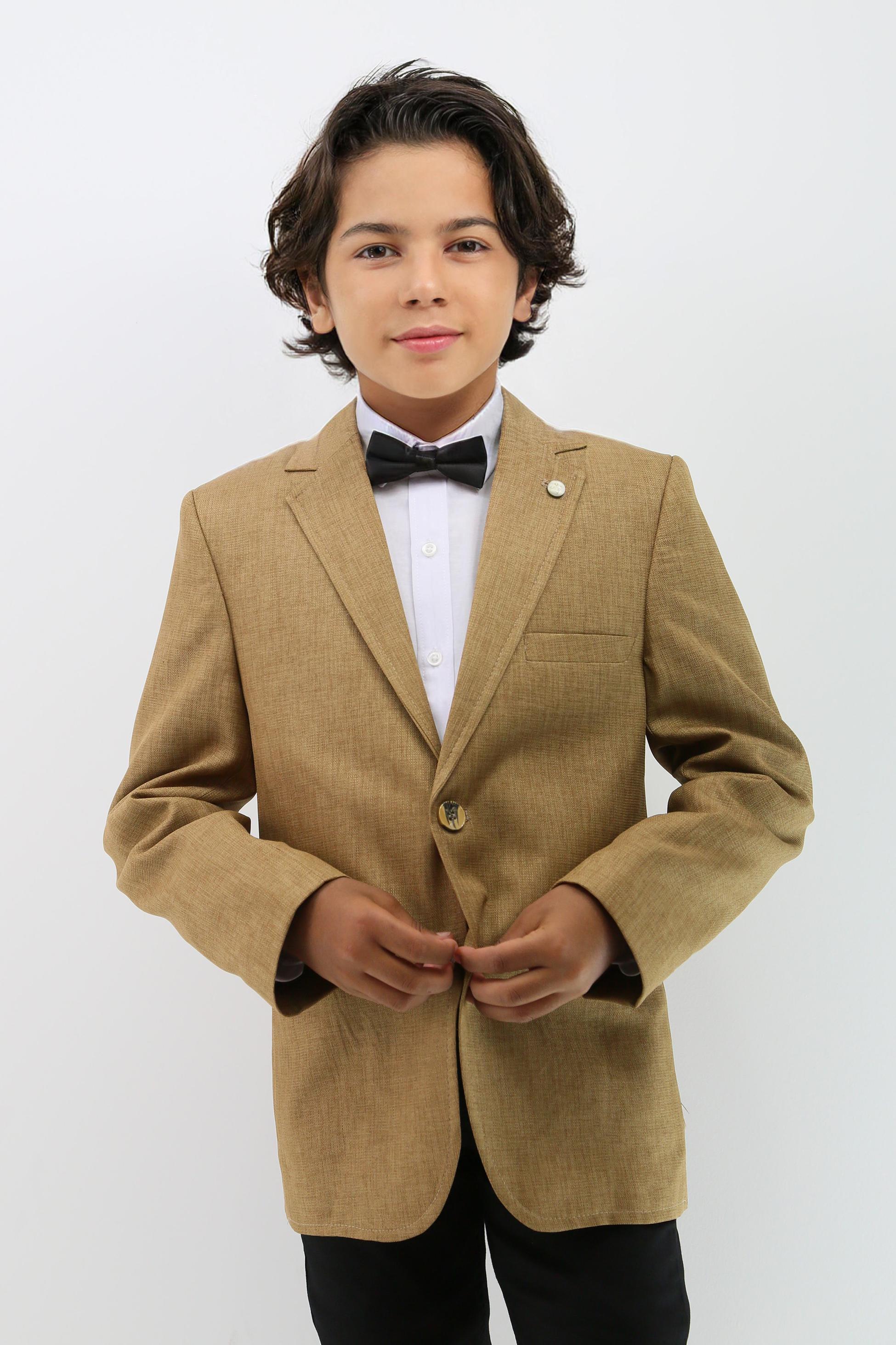 Jungen Formeller Tan Brauner Texturierter Blazer Jacke - Senfgelb Braun