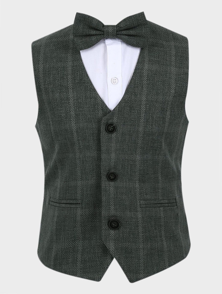 Boys Tweed Windowpane Check Cotton Waistcoat - Green