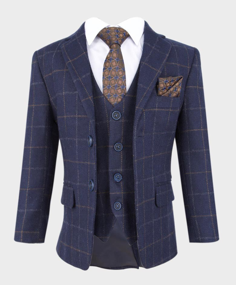 Jungen Maßgeschneiderter Tweed Karo Marineanzug - SHELBY - Marineblau