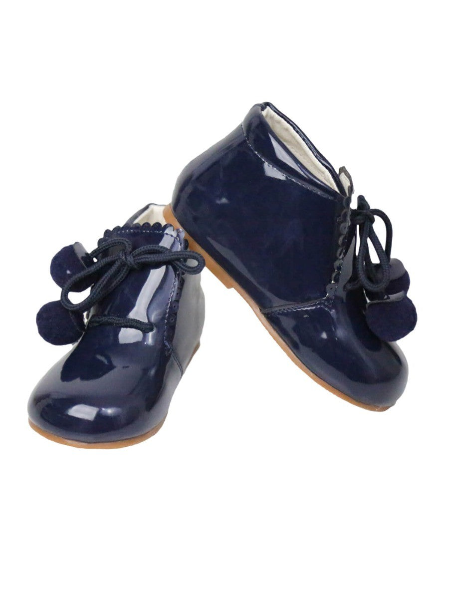 Baby Girls Pom Pom Patent Booties - Navy Blue