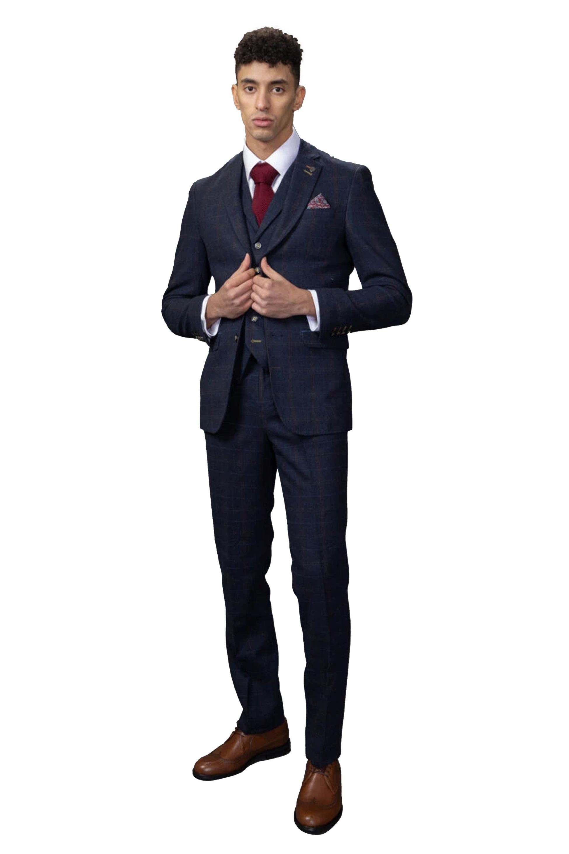 Men's Tweed Windowpane Tailored Fit Navy Suit Jacket - RYAN - Navy Blue
