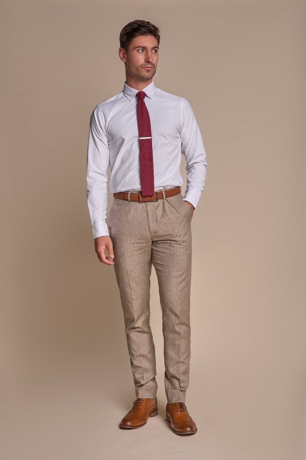 Herren Slim Fit Nadelstreifen Beiger Anzug – KRAKEN Sand - Sandbeige