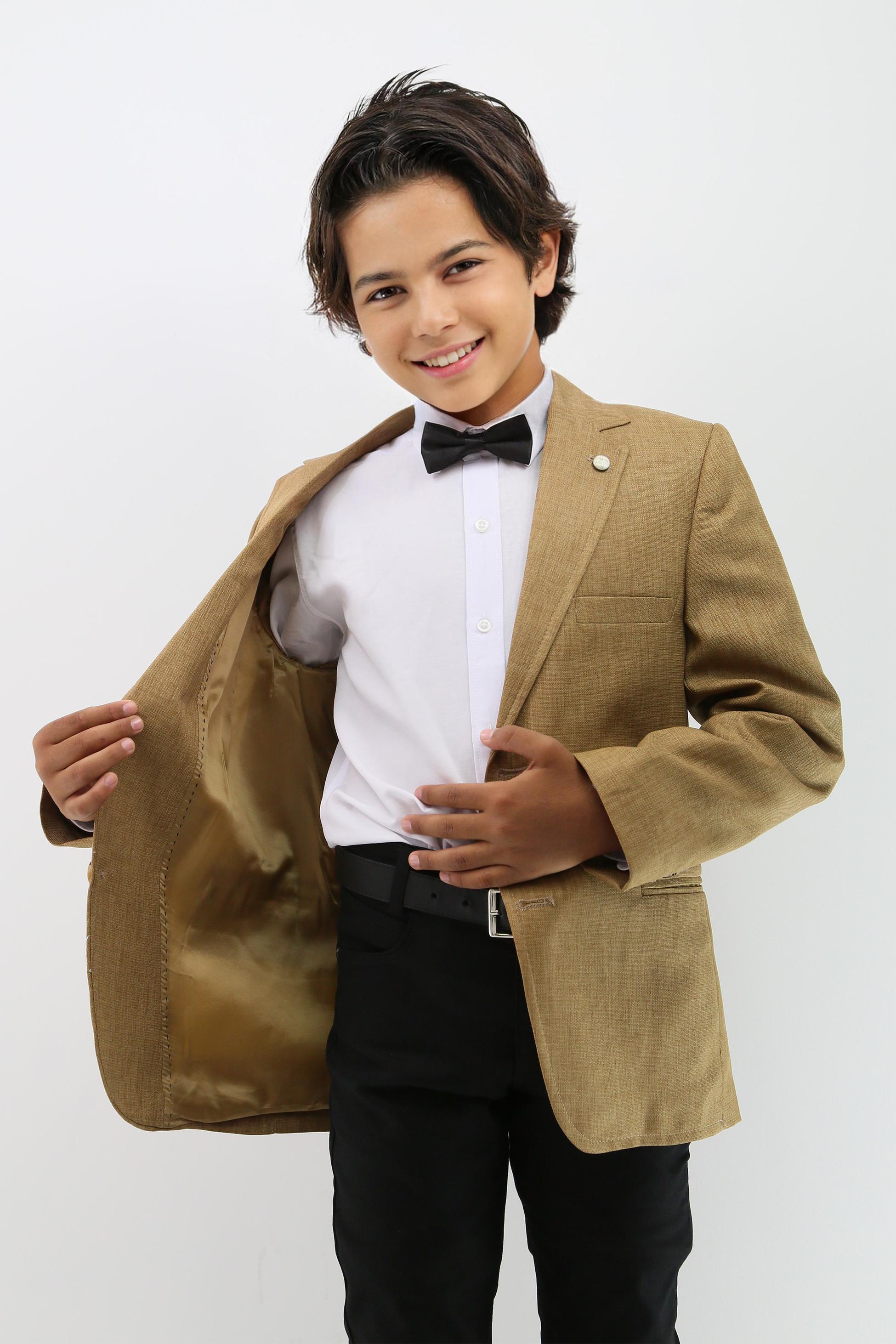 Jungen Formeller Tan Brauner Texturierter Blazer Jacke - Senfgelb Braun
