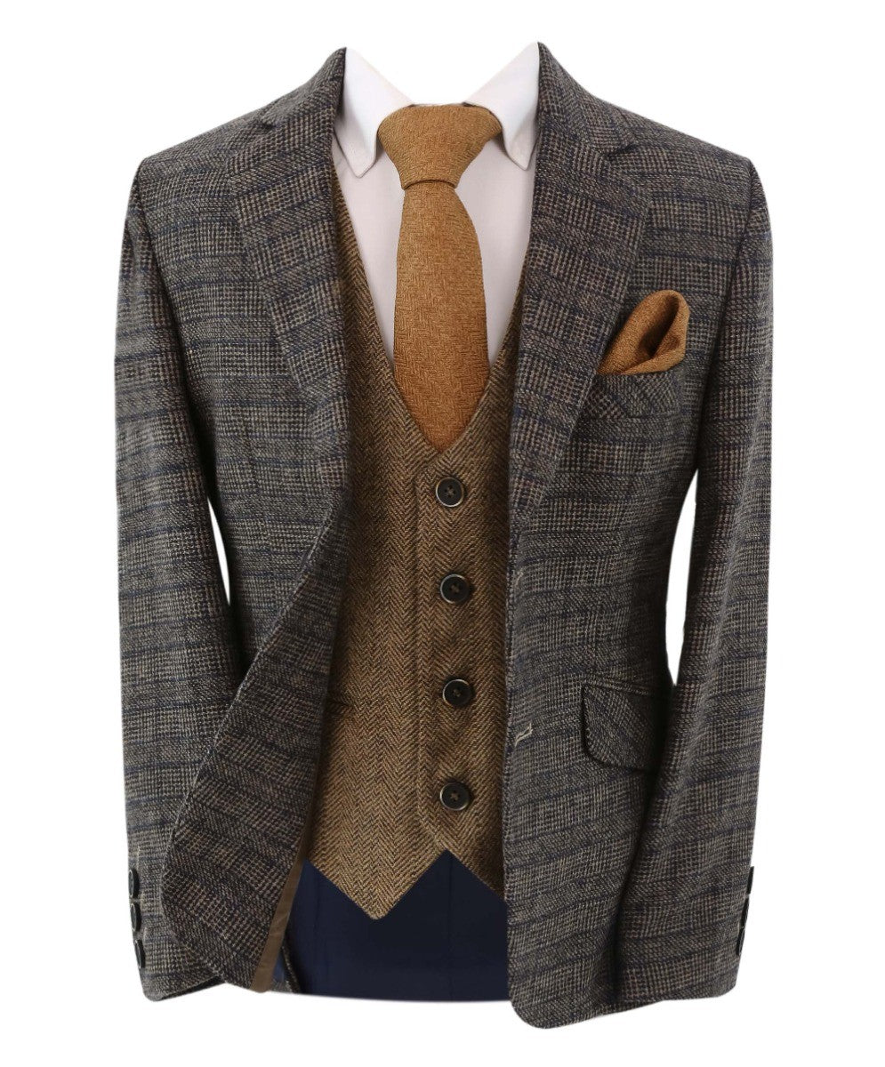Jungen Tweed Fischgrät Blazer und Westenanzug-Set - Dunkelbraun