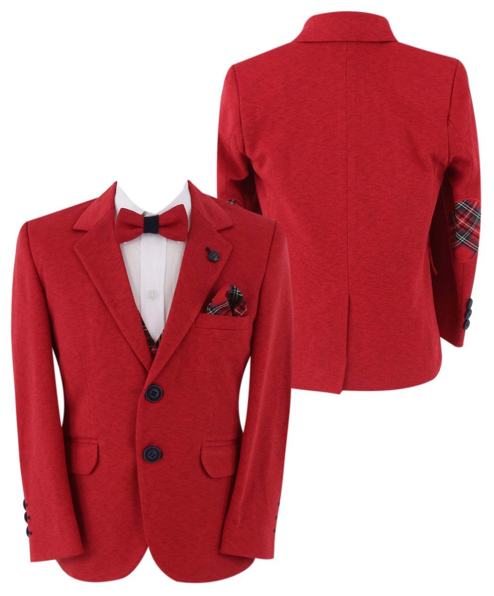 Jungen Slim Fit Anzug mit Karo Westen-Set - Rot
