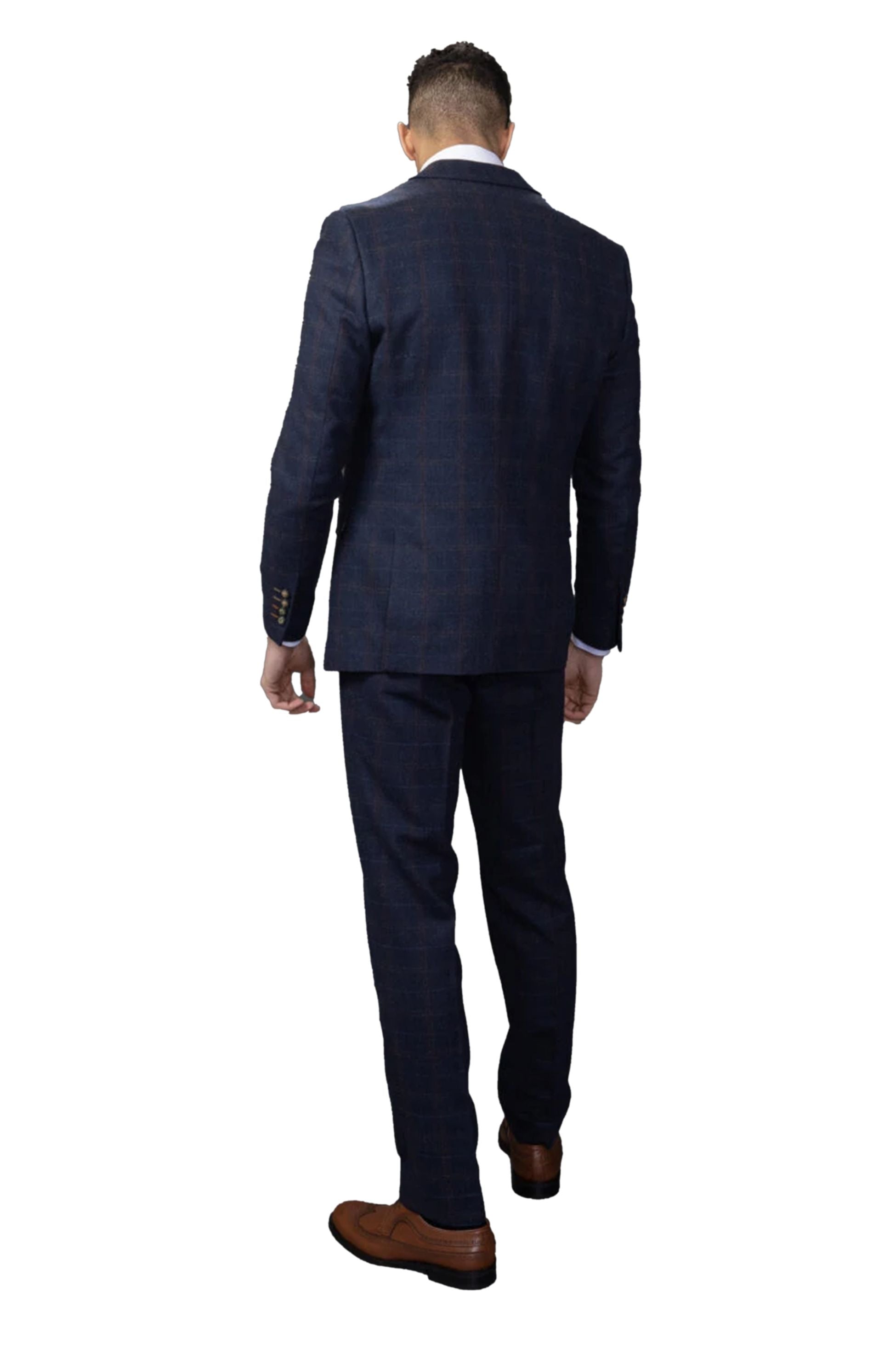 Men's Tweed Windowpane Tailored Fit Navy Suit Jacket - RYAN - Navy Blue
