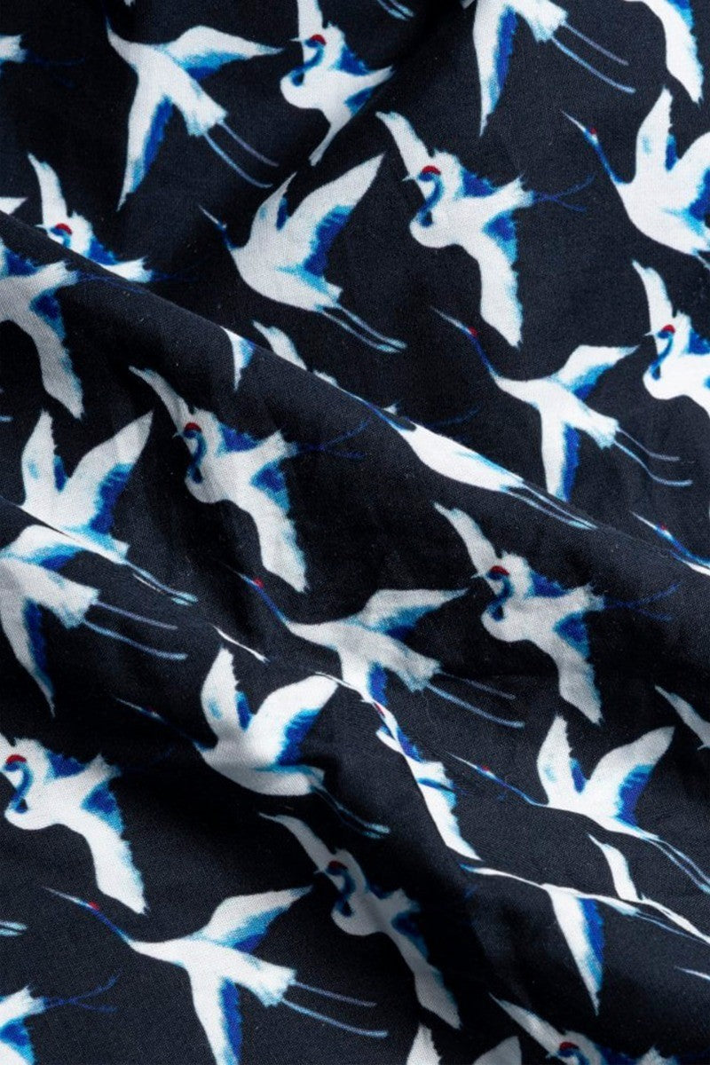 Herren Baumwoll Vogelgemustertes Langarmhemd - Blau Schwarz