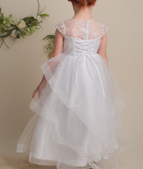 Robe en tulle superposée blanche avec dos corseté pour filles - TERRESA - Blanc