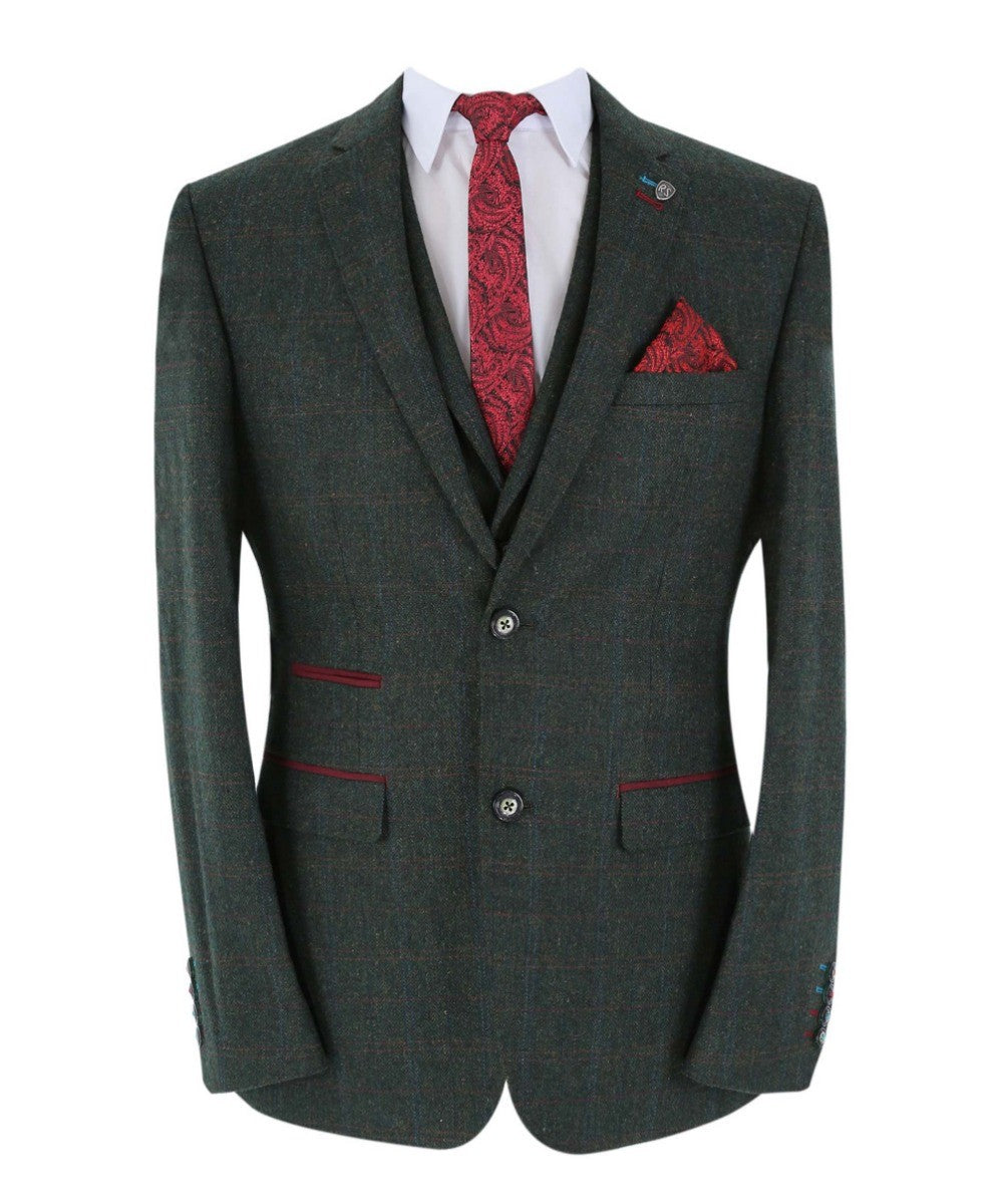 Men's Tweed Check Tailored Fit Suit Jacket - JOSHUA - Green
