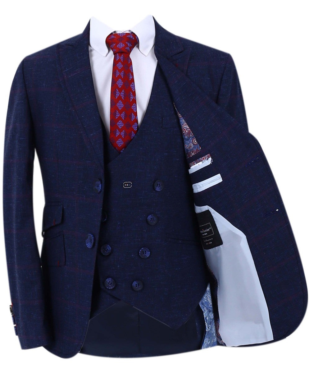 Boys' Retro Check Slim Fit Formal Suit - Dark Blue