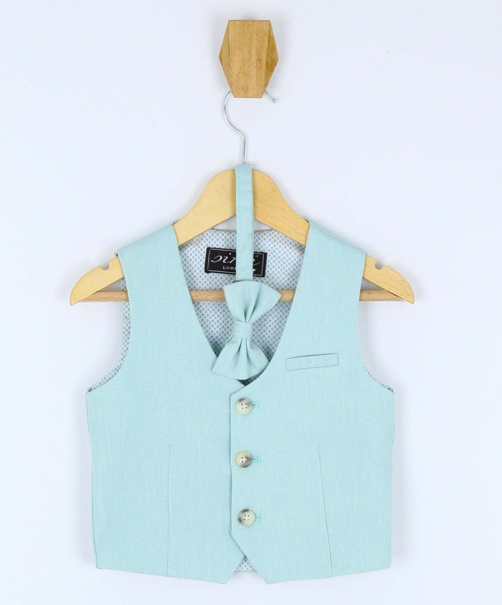 Baby Boys Cotton Linen Waistcoat Suit Set 3 Piece - Green