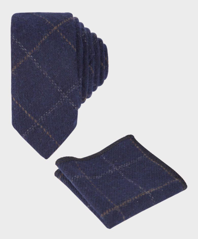 Ensemble Cravate et Mouchoir en Tweed à Carreaux Windowpane Bleu Marine pour Garçons - Bleu Marine