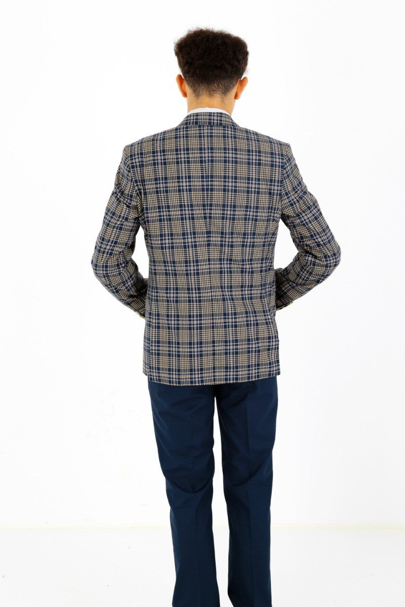 Jungen Karo Schlank geschnittener Anzug - Navyblau - Beige