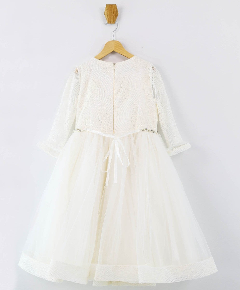 Blumenmädchen Spitzenbesticktes Weißes Kleid-Set - Ecru