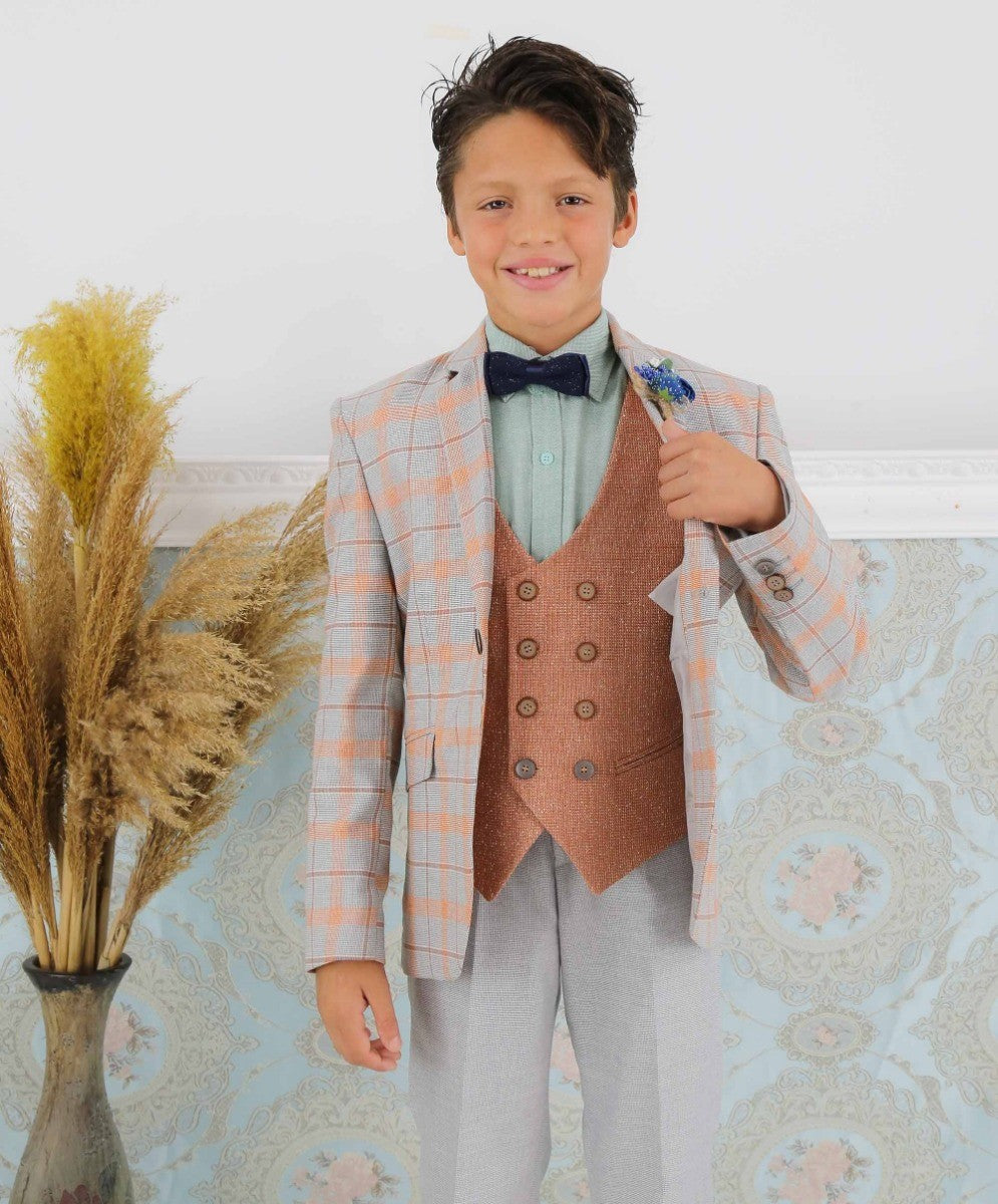 Ensemble Costume à Carreaux Windowpane Slim Fit pour Garçons - Gris