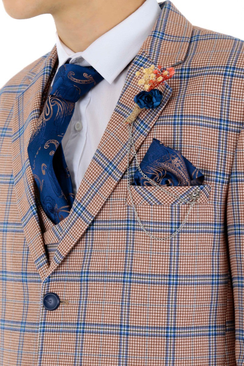 Boys Windowpane Check Slim Fit Suit - Peach - Navy Blue