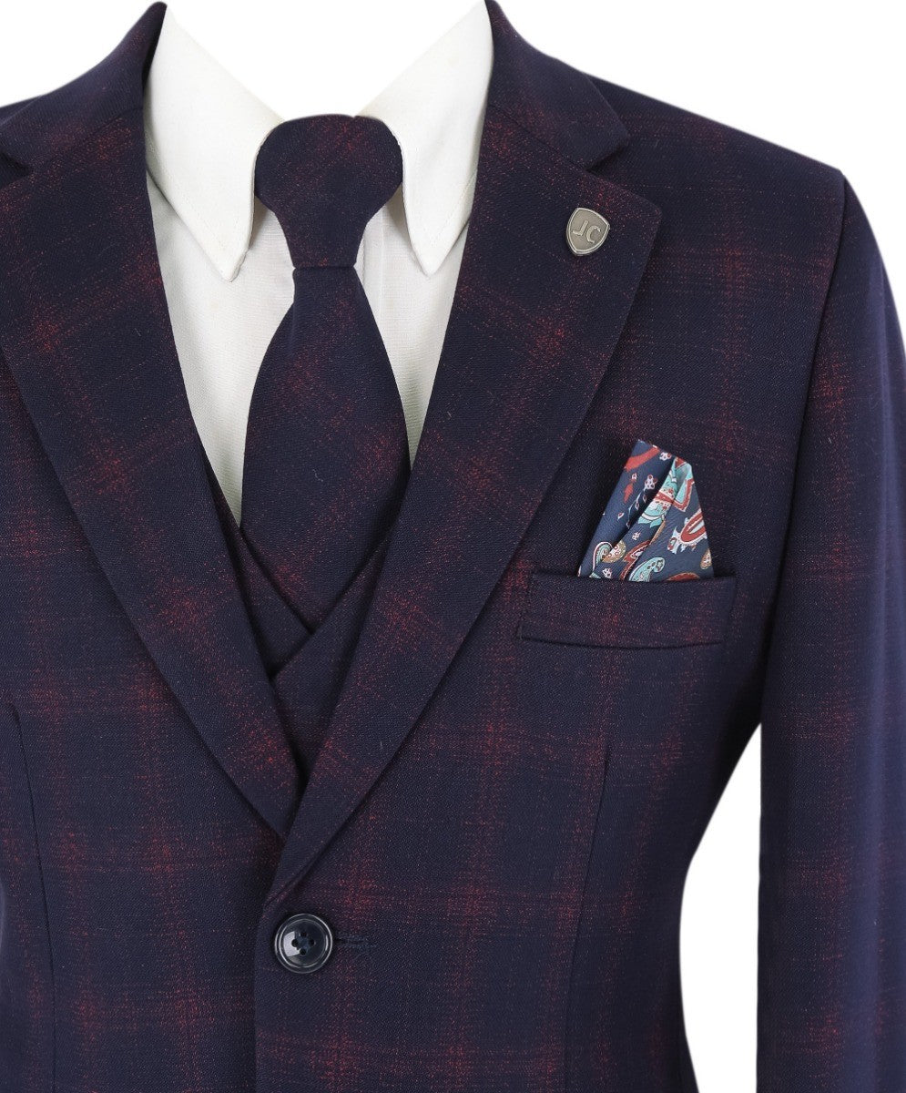 Costume à Carreaux Rétro Tailored Fit Bleu Marine pour Garçons - Bleu Marine et Bordeaux